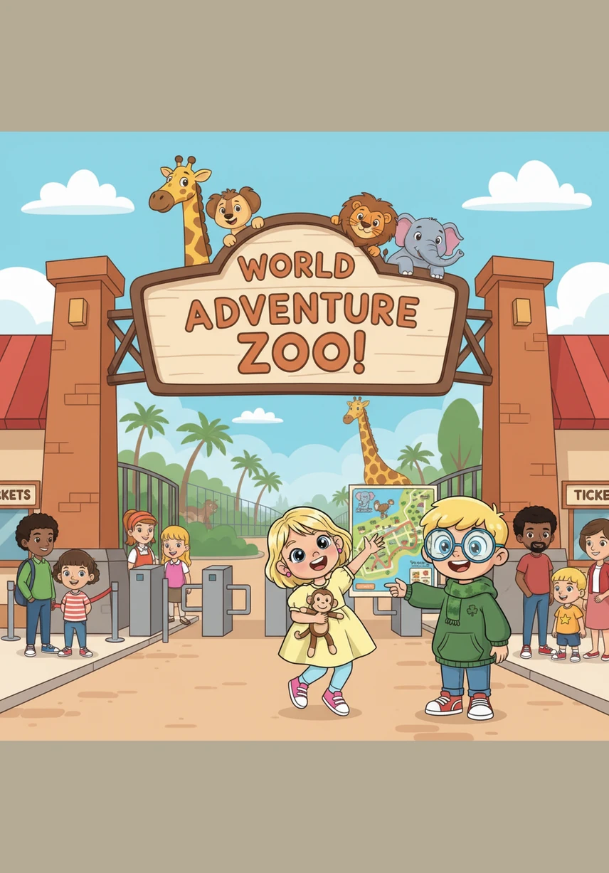 Daithi, Oisin, and little Malliadh stand eagerly at the grand zoo entrance, clutching their colorful tickets. Daithi and Oisin adjust their blue glasses while Malliadh points excitedly at the giant map showing all the animals.