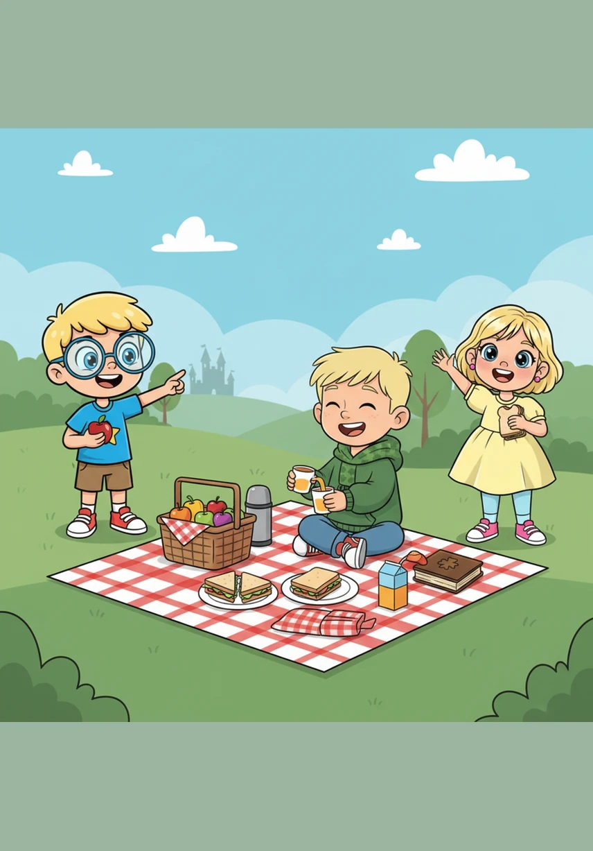 The family finds a shady spot under a massive oak tree to enjoy their picnic sandwiches and juice boxes. They share stories about their favorite animals while a few curious sparrows hop nearby hoping for a crumb.