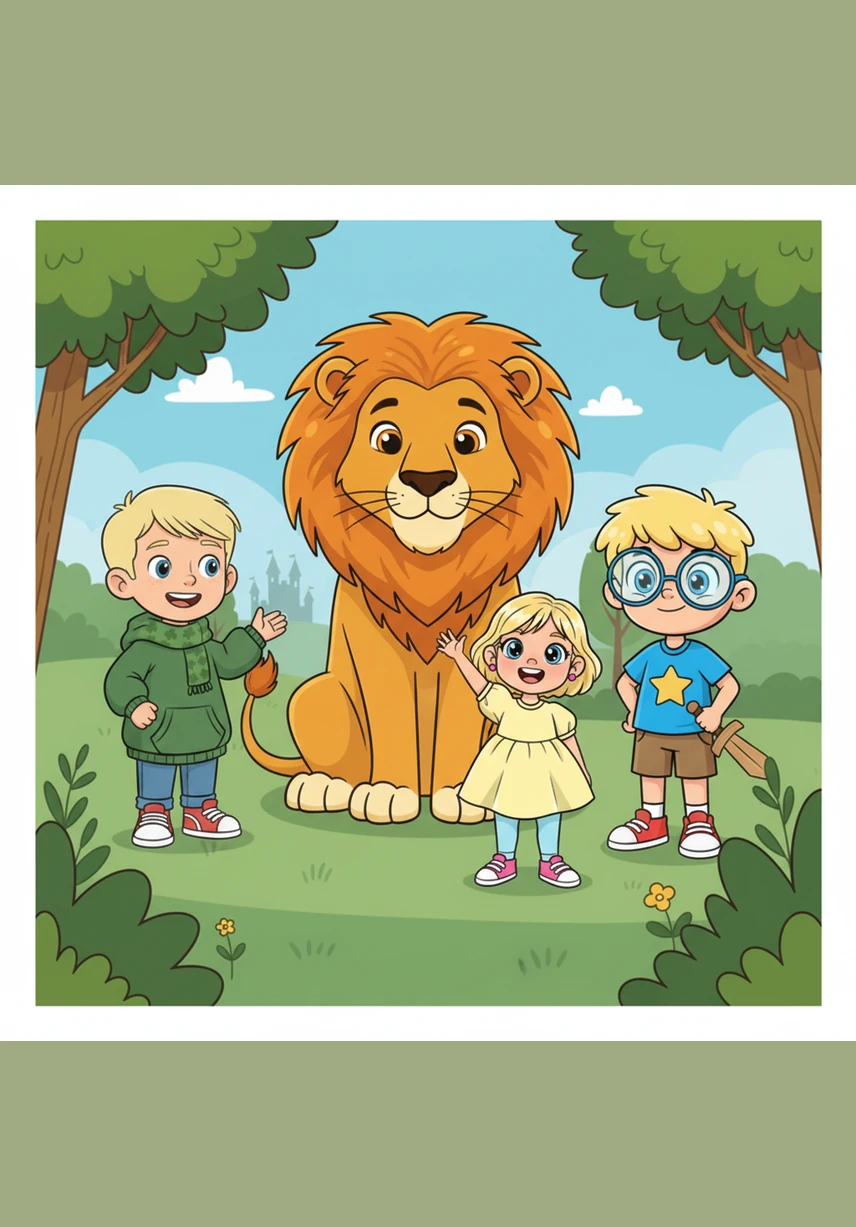 A powerful roar echoes through the air as the children reach the lion's den. Oisin holds Daithi’s hand for a moment, feeling brave as they watch the king of the jungle lounge majestically on a sun-drenched rock.