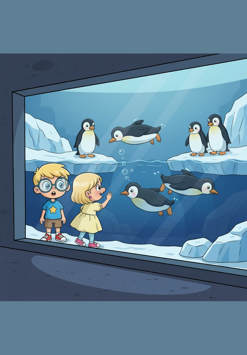 Inside the icy penguin exhibit, the siblings watch through the glass as the birds zoom through the water like little torpedoes. Malliadh presses her nose against the glass, mesmerized by the penguins' funny waddle on the rocks.