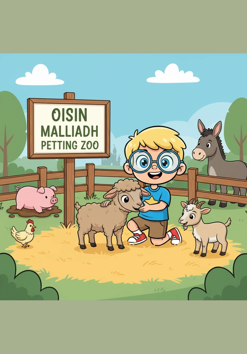 At the petting zoo, Malliadh gently strokes the soft fur of a friendly pygmy goat. Daithi and Oisin help her hold a handful of grain, laughing when the goat's whiskers tickle their palms during the feeding.