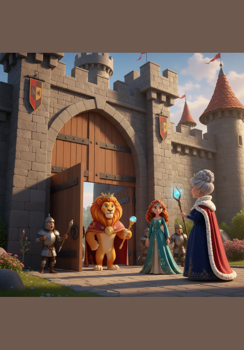 A fierce storm rages outside the heavy stone walls of the royal castle as lightning flashes across the dark sky. Princess Eva stands at the massive wooden gates, her golden hair soaked and her velvet dress dripping with rainwater.