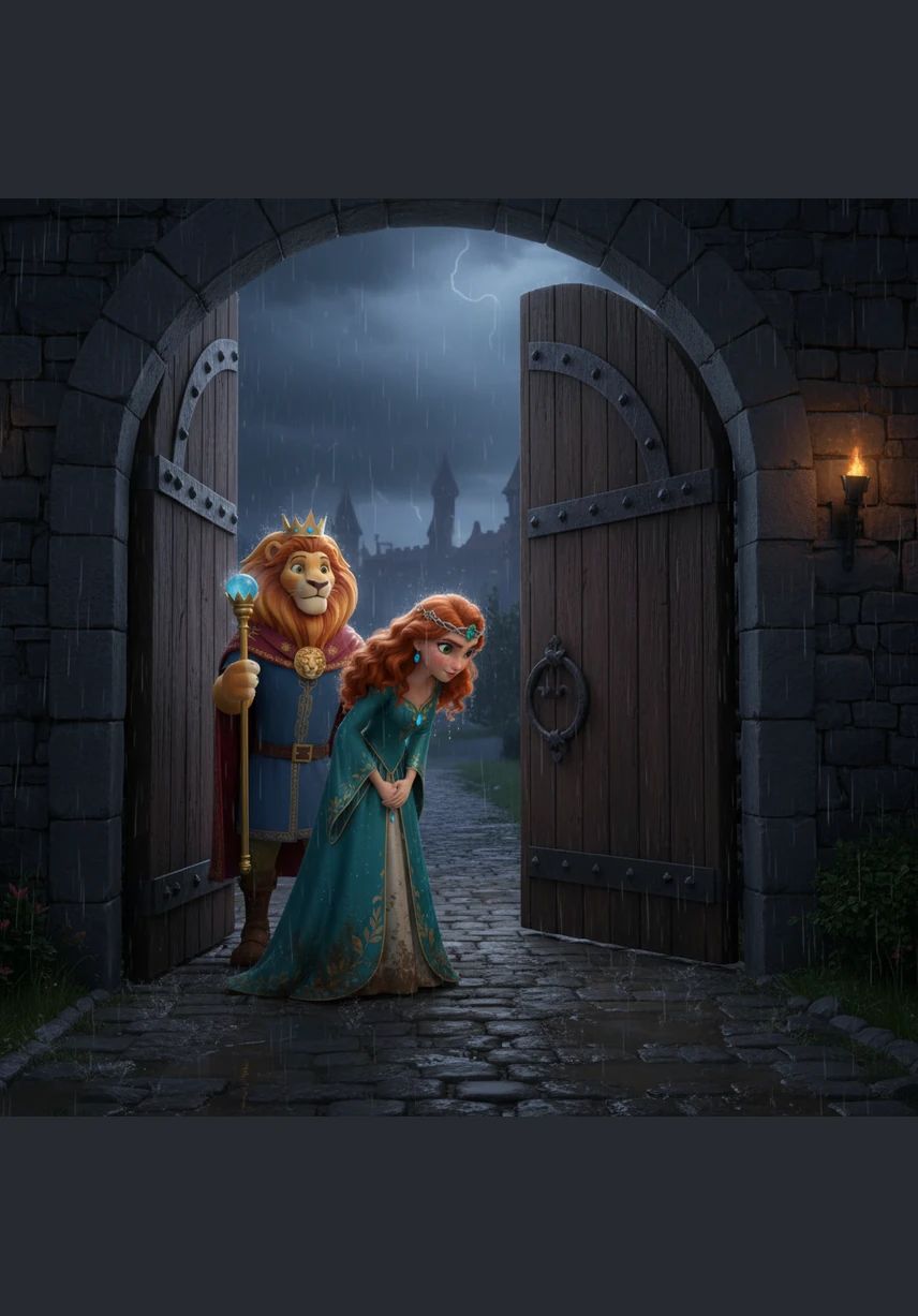 The King swings the gates open, surprised to see a lone traveler seeking shelter in such terrible weather. Despite the mud on her shoes and the water running down her face, Eva bows gracefully and speaks with a gentle, noble voice.