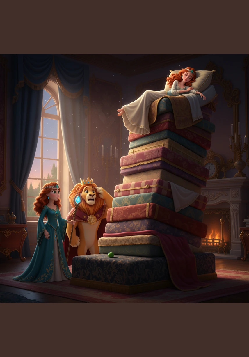 In the guest chambers, the Queen quietly lifts the bedsheets and places one tiny, hard green pea on the wooden bedstead. It looks small and insignificant against the grand, ornate frame of the royal bed.