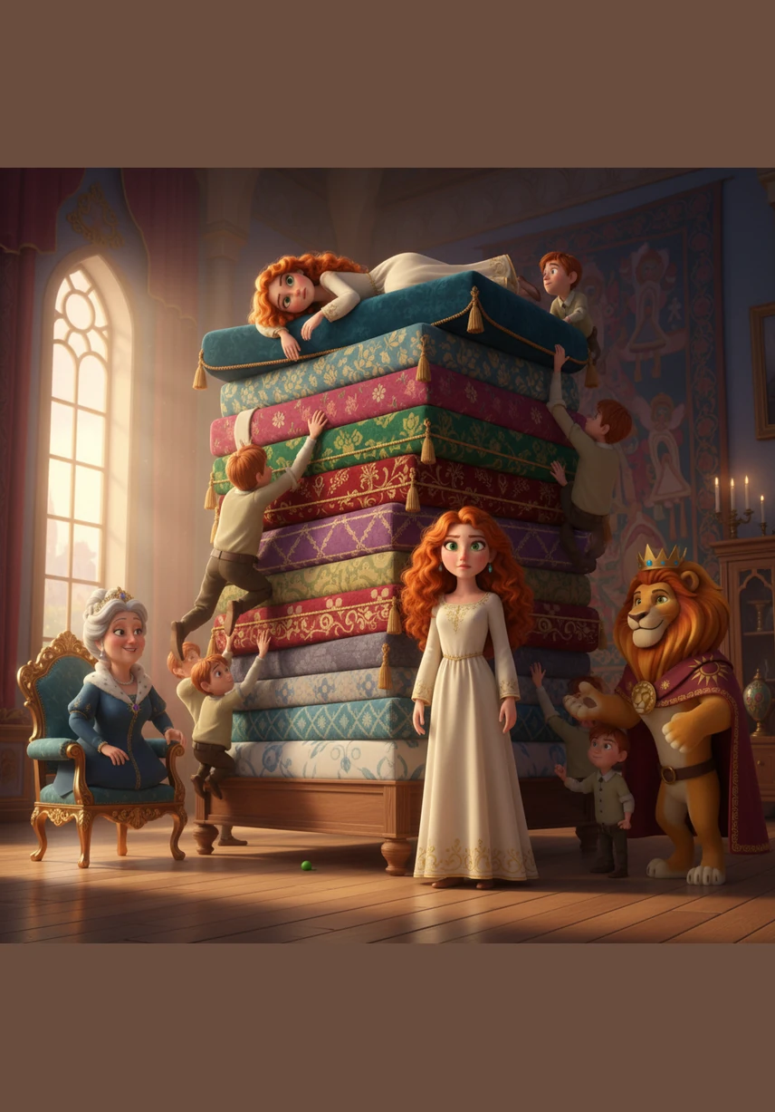 Dozens of servants carry in twenty thick mattresses and twenty soft eiderdown quilts, stacking them high. They pile the bedding until it reaches almost to the ceiling, completely hiding the tiny pea at the very bottom.