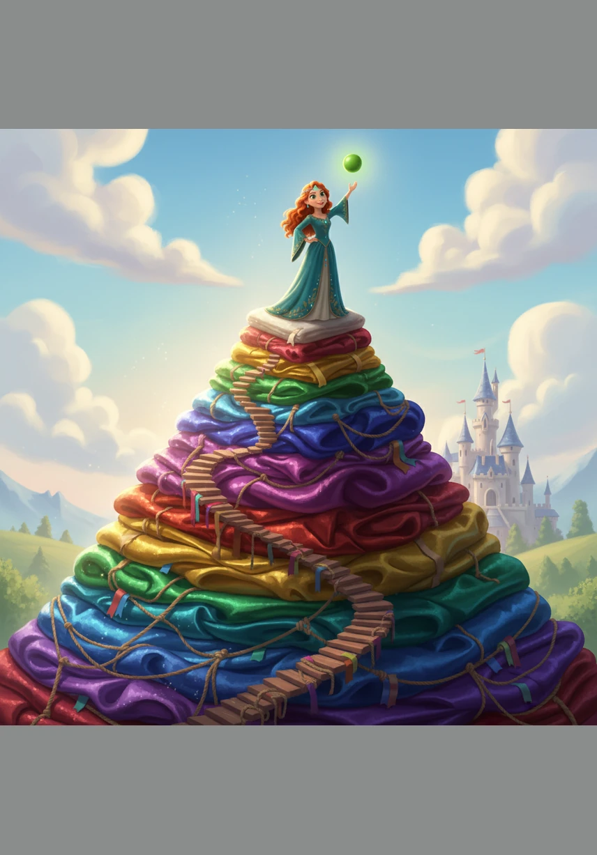 Eva uses a long wooden ladder to climb to the top of the towering mountain of silk and feathers. She settles into the soft layers, looking out at the stars and hoping for a peaceful night's rest after her long journey.