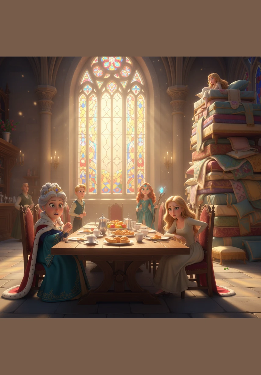 When the morning sun rises, Eva descends the ladder and meets the royal family in the grand dining hall. Her face is pale and her eyes are tired, showing that she spent the entire night wide awake.