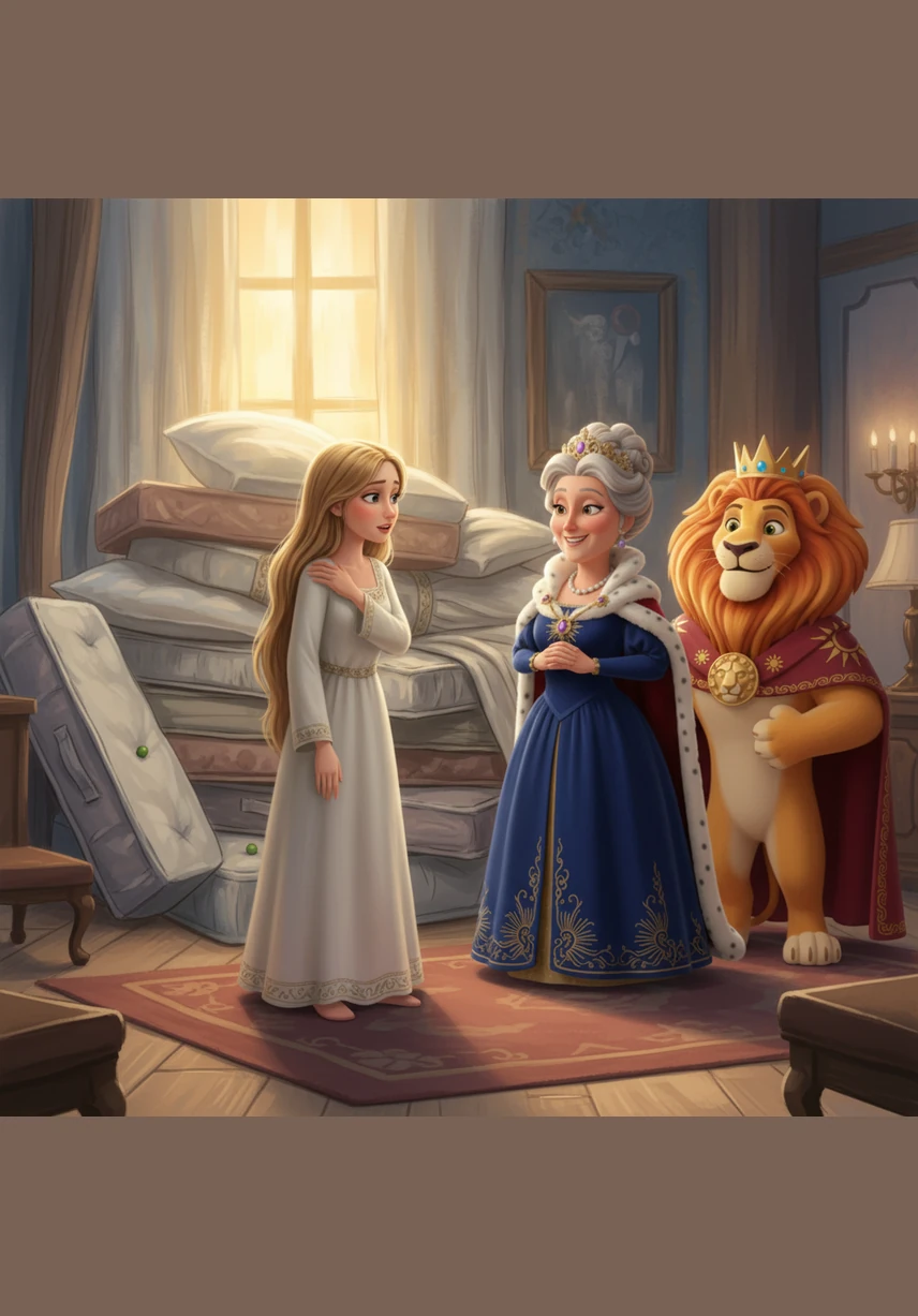 She tells the Queen that she lay on something so hard that her whole body feels bruised and sore this morning. The Queen smiles brightly, knowing that only a real princess could be sensitive enough to feel a single pea through forty layers.