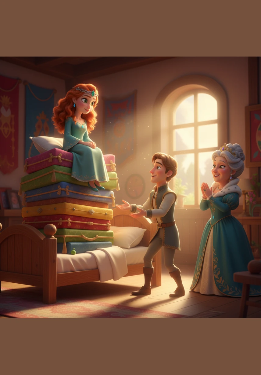 The Prince steps forward with a joyful smile, realizing he has finally found his true princess. The tiny pea is placed in a sparkling glass case in the royal museum to commemorate the magical night Eva arrived at the castle.