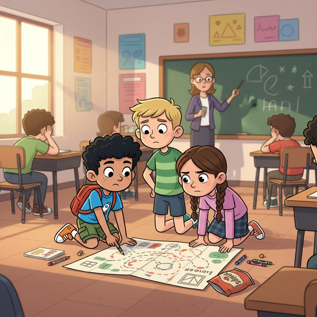 Inside the classroom, the math lesson droned on, but Kit, Max, and Dan were focused on a different kind of problem. They huddled at the back of the class, meticulously drawing their escape plan, step by step. Max voiced his concerns, but Kit's resolve was unwavering.