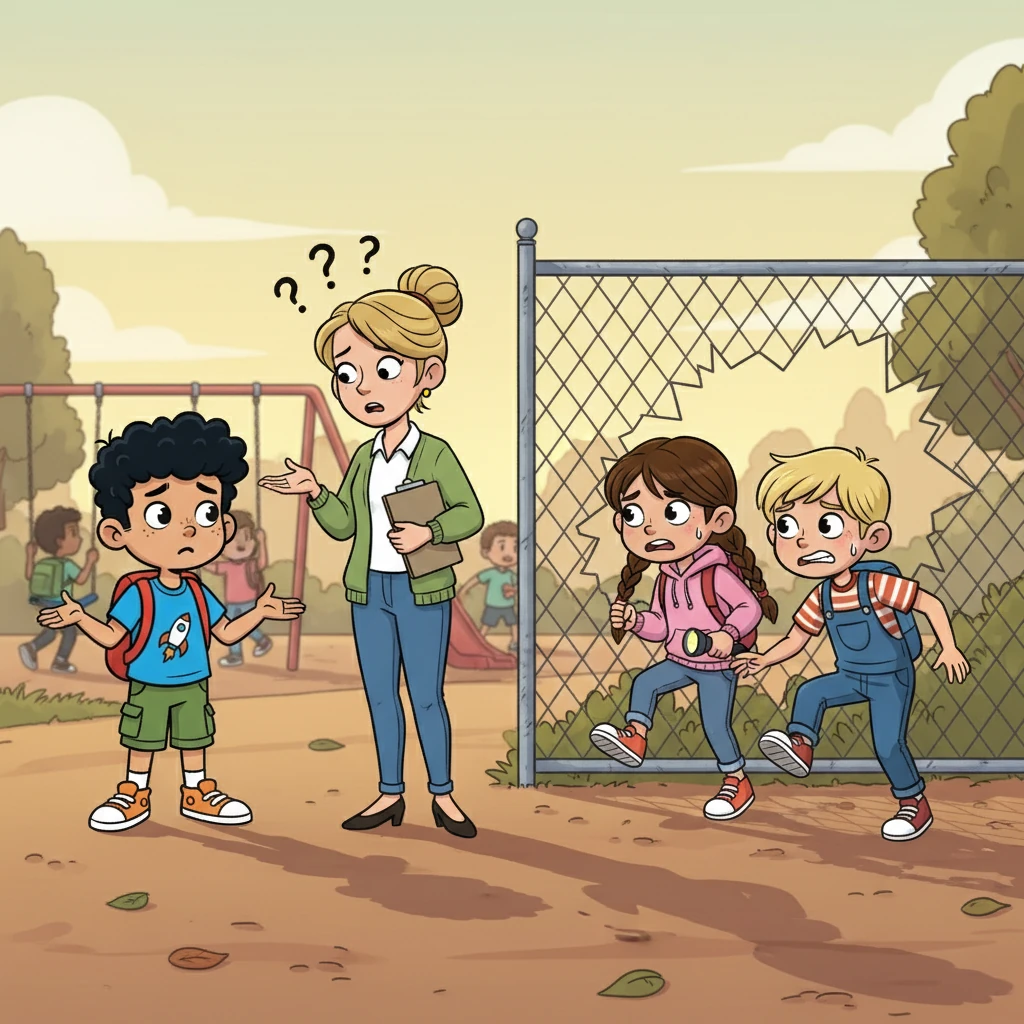 During recess, the first phase of their plan commenced. Max approached the teacher with a series of confusing questions, hoping to distract her. Meanwhile, Kit and Dan snuck towards the fence, their hearts pounding as they prepared to make their daring escape through the hole.