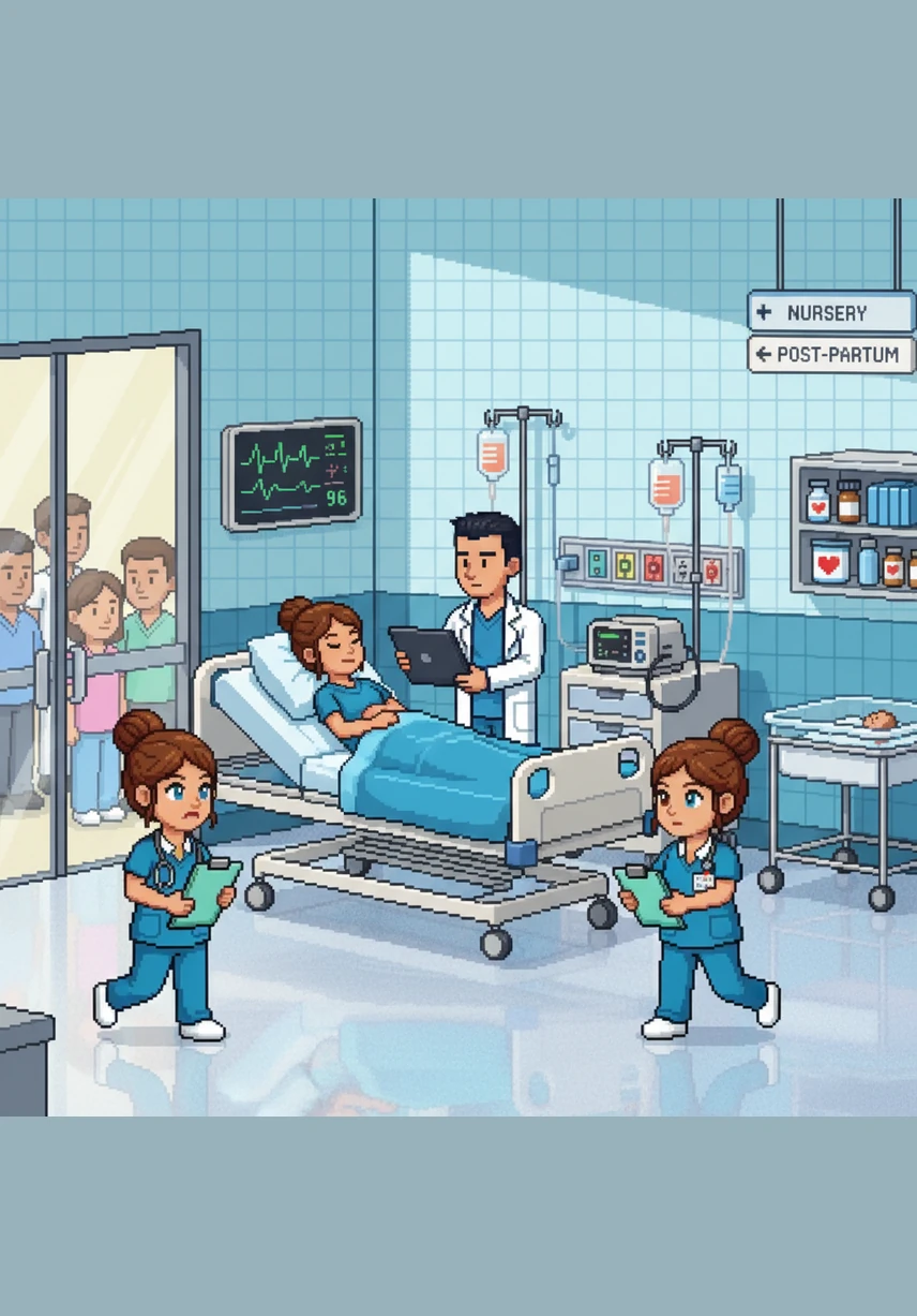 Inside the Labor & Delivery ward, the hallways are bustling with nurses moving quickly between rooms carrying supplies. Diane approaches the main nursing desk, where her charge nurse Paula is already buried under a mountain of paperwork.