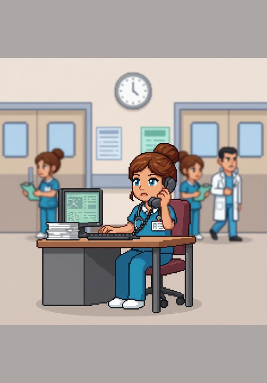 Just as Diane is settling into her station, the telephone on the desk rings sharply, cutting through the ambient noise of the ward. She picks it up to hear Betty's hurried voice calling from the Women's Services department.