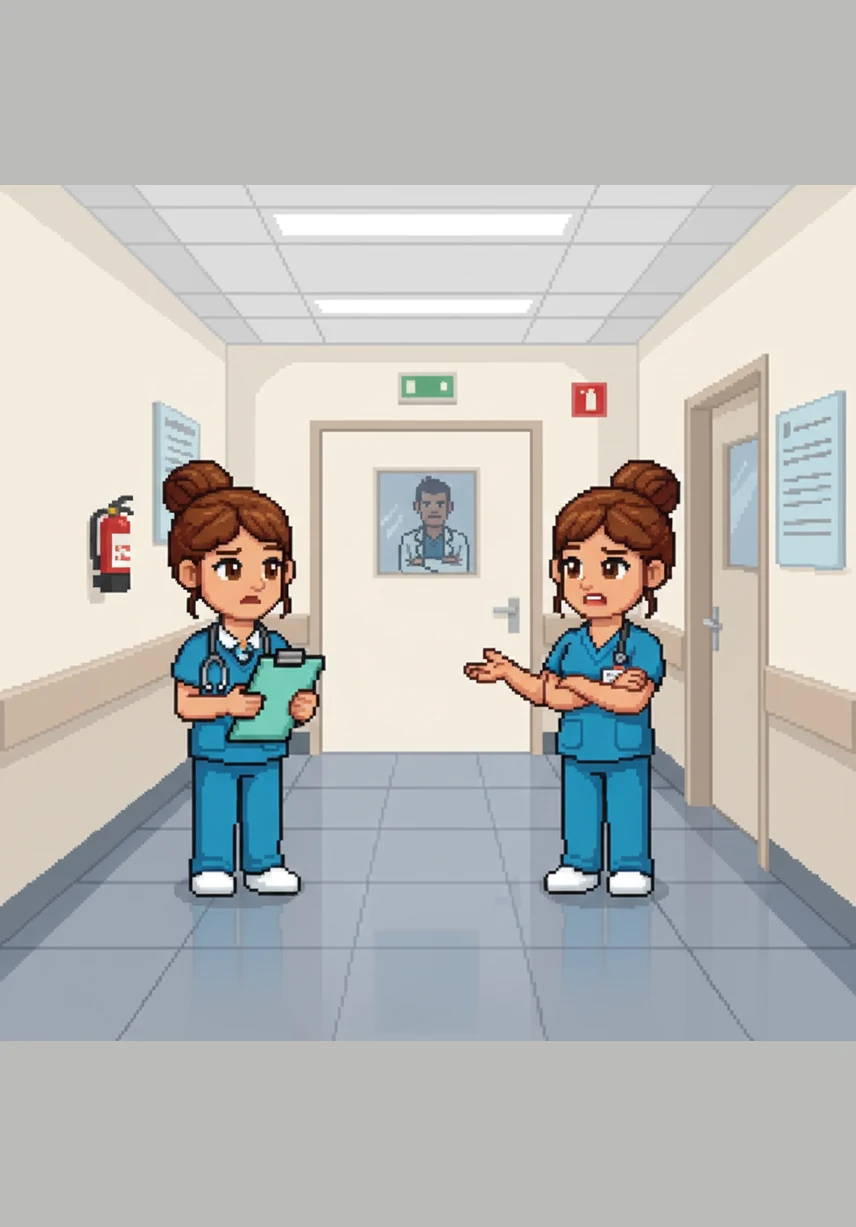 When Diane asks about the doctor's current mood, Betty describes his temperament as particularly nasty and tells her to be careful. Diane sighs and thanks her colleague for the warning, mentally preparing her most professional demeanor.