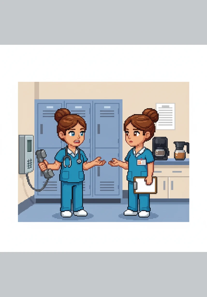 Diane hangs up the phone and immediately relays the warning to Paula about the doctor's sour attitude. The two nurses share a knowing, tired look, a silent bond formed by years of navigating difficult shifts together.