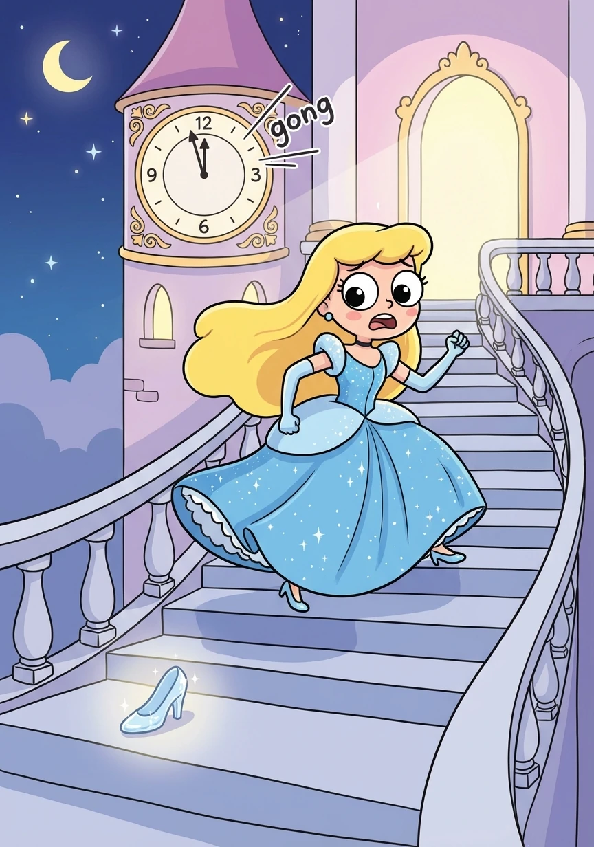 As the clock began to strike midnight, Cinderella remembered her promise. She rushed out of the palace, losing one of her glass slippers on the stairs.