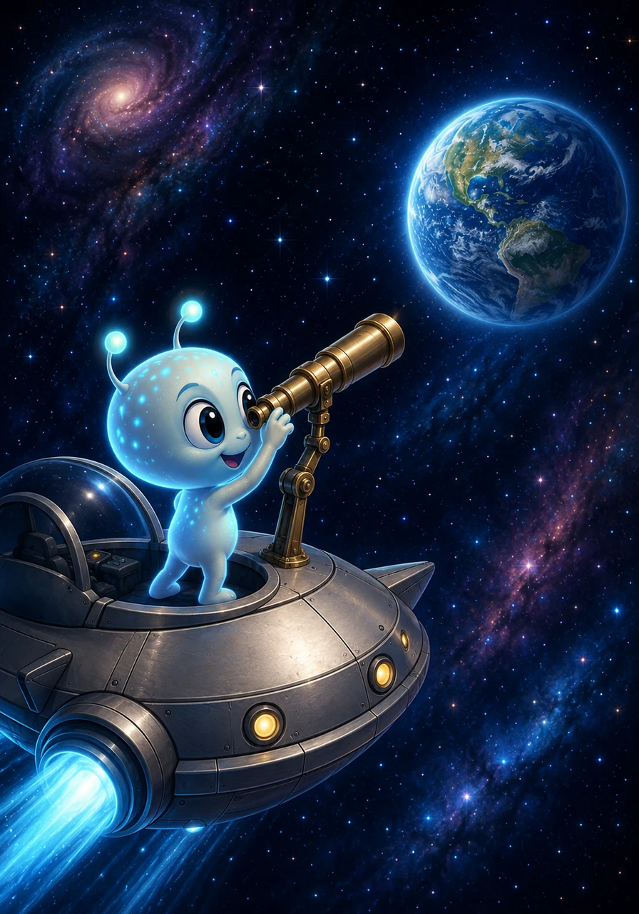 Deep in the starry cosmos, a tiny, glowing alien named Zipo adjusted his brass telescope and peered at a beautiful blue planet spinning in the distance. Overwhelmed by curiosity, he hopped into his round, silver spaceship and set a course straight for Earth, eager to discover its secrets.