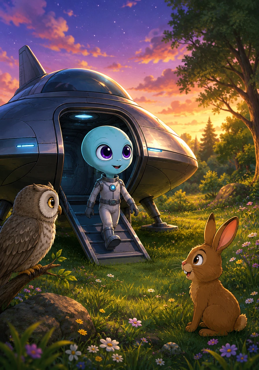 The spaceship touched down with a soft thud in the middle of a lush, green meadow painted with golden twilight. Zipo stepped out onto the grass, his large purple eyes wide with wonder as he felt the cool evening breeze and smelled the sweet scent of wildflowers for the very first time.