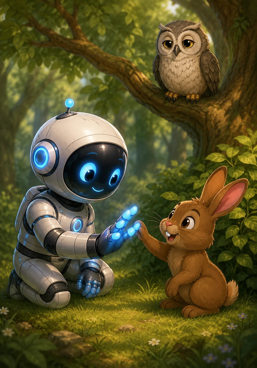 A curious brown rabbit poked its head out of a nearby bush, twitching its nose at the strange visitor. Zipo gently extended a glowing, three-fingered hand, and to his delight, the rabbit hopped closer, tapping its soft paw against his shiny spacesuit in a warm earthly welcome.