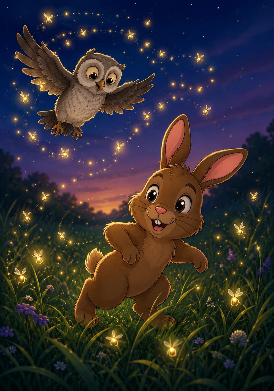 As night fell, a swirling cloud of tiny fireflies illuminated the meadow, dancing around Zipo like miniature, living stars. Zipo laughed, a sound like tinkling wind chimes, and twirled around as his new rabbit friend chased the glowing bugs through the tall grass.