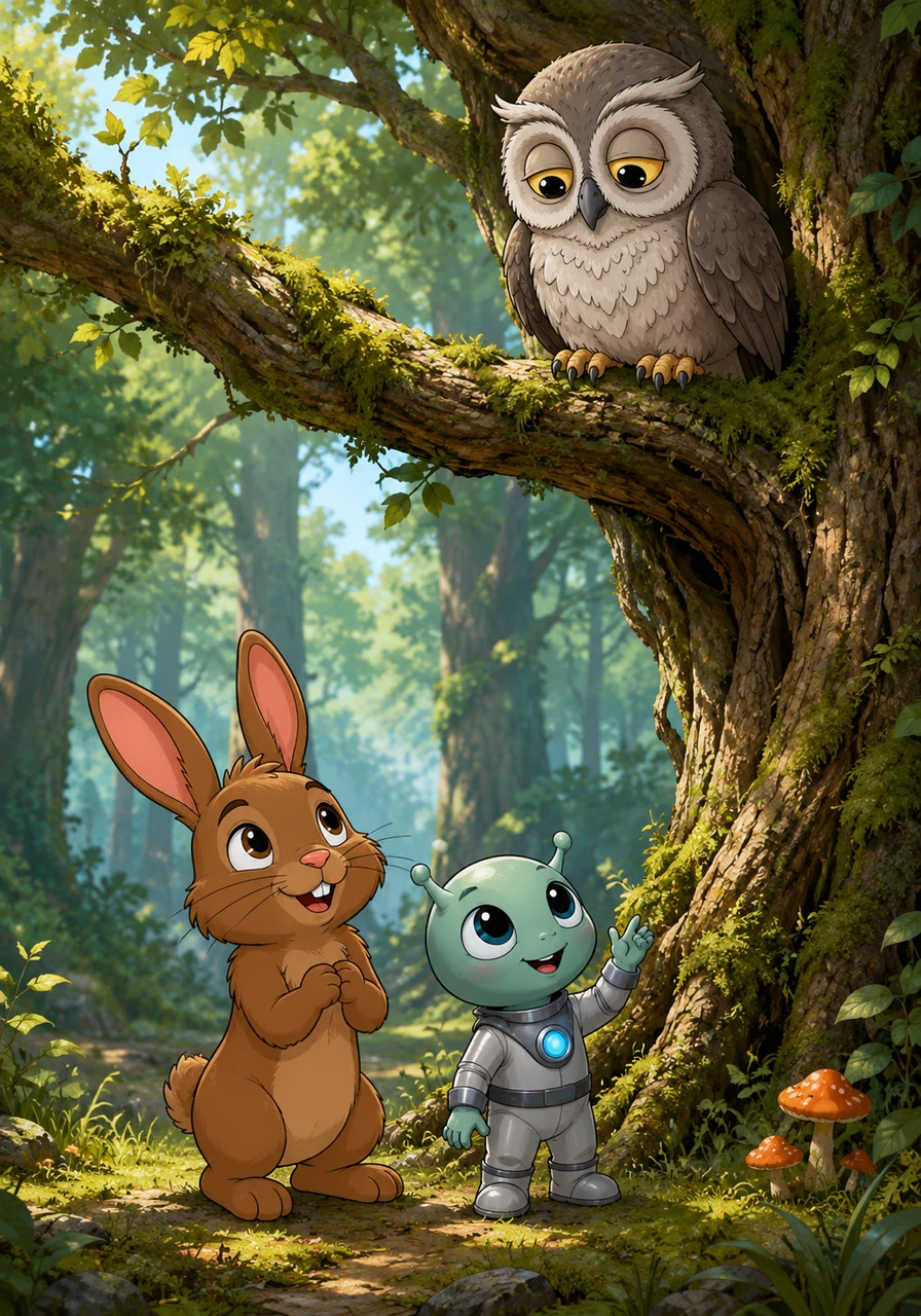 The next morning, the rabbit led Zipo to the edge of a grand, ancient forest where a wise old owl perched on a mossy branch. The owl blinked sleepily down at them, hooting a gentle greeting that seemed to welcome the little alien to the secret heart of the woods.