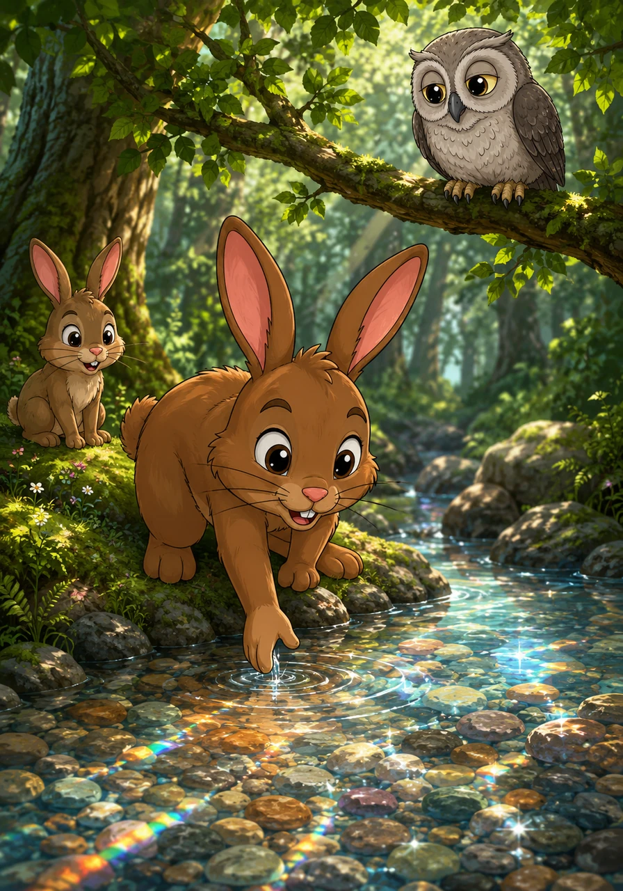 Deep in the forest, they stumbled upon a crystal-clear stream that rippled over smooth, colorful pebbles. Zipo bent down and dipped his hand into the water, mesmerized by the cool sensation and the way the sunlight fractured into tiny rainbows across the surface.