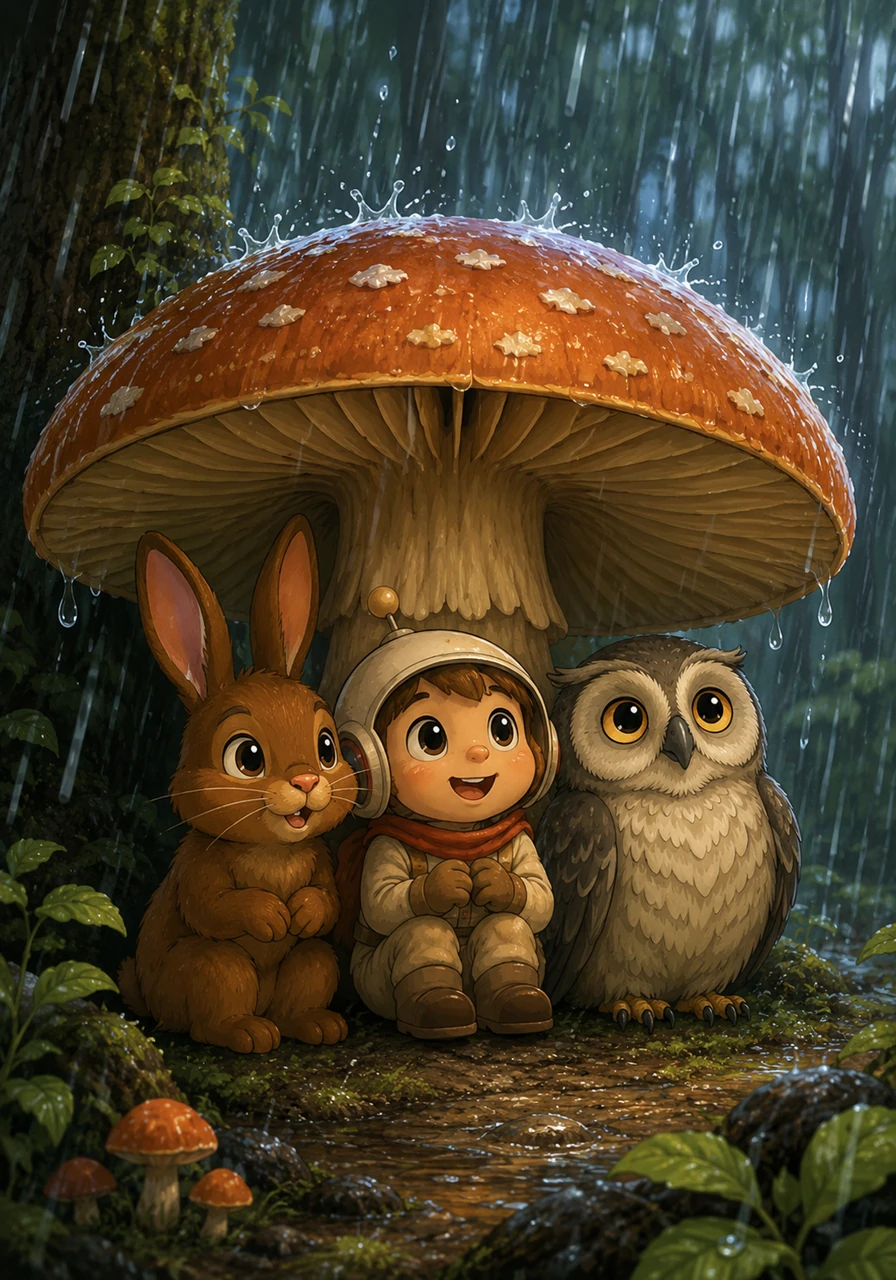 Suddenly, a sudden summer rain began to fall, and Zipo looked up in surprise as big, cool drops tapped against his round helmet. His friends quickly led him beneath the canopy of a massive mushroom, where they huddled together, safe and dry, listening to the rhythmic music of the storm.