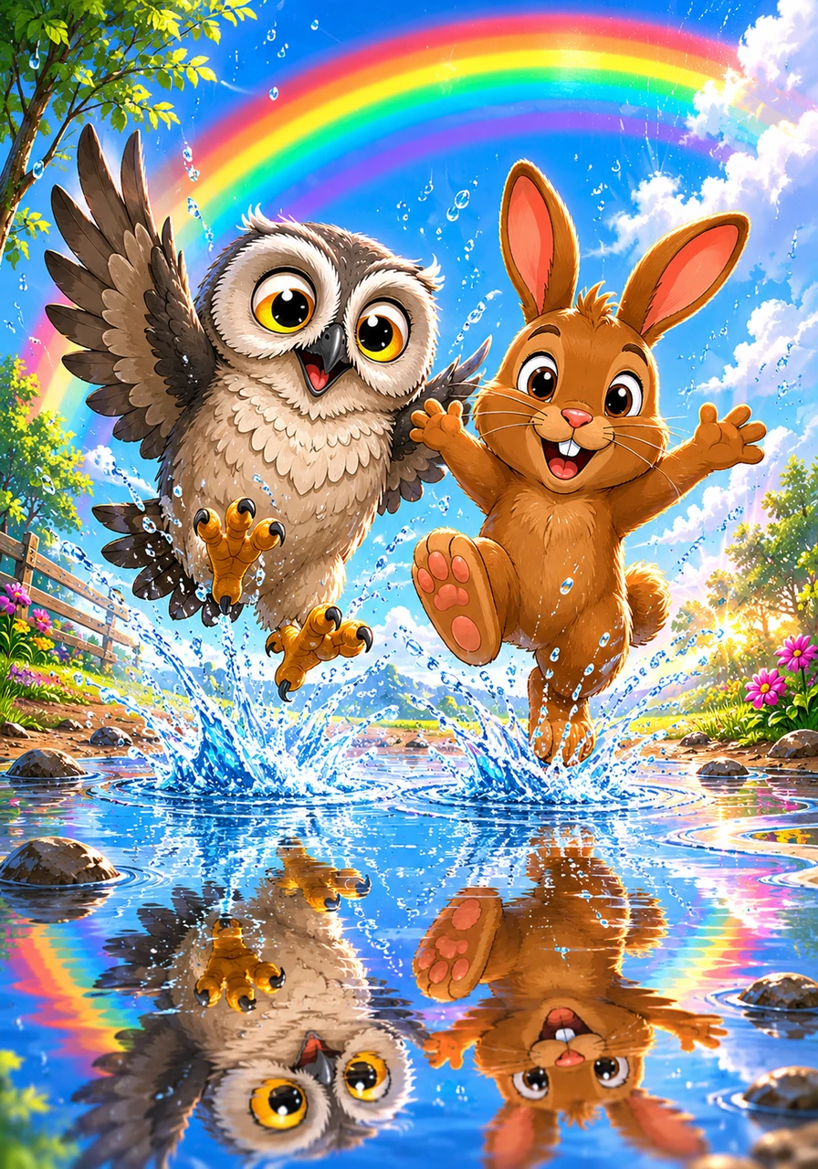 When the rain cleared, a magnificent rainbow stretched across the bright blue sky, reflecting perfectly in a large puddle. Zipo and the rabbit leaped joyfully into the water, splashing droplets high into the air and laughing at the beautiful colors surrounding them.