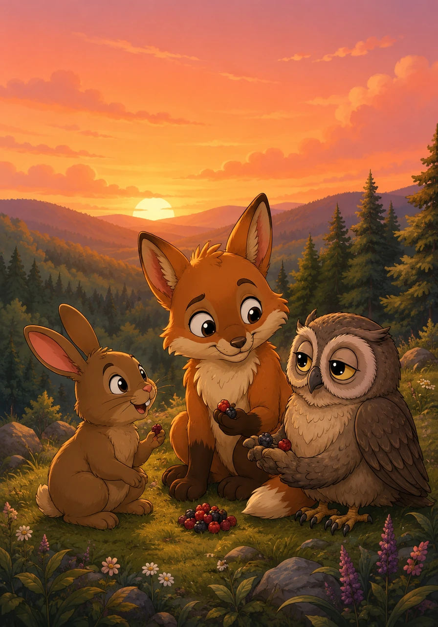 As the sun began to set, casting a warm orange and pink glow over the landscape, Zipo sat on a hill with his animal friends, sharing sweet forest berries. He realized that while his home planet was full of high-tech wonders, nothing compared to the simple magic of Earthly friendship.