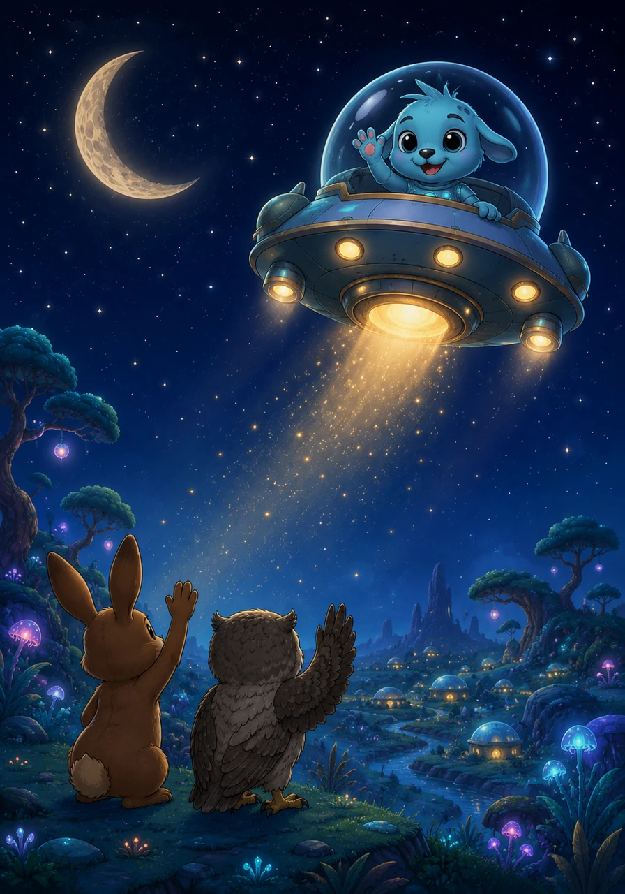 With a heart full of happiness, Zipo waved a fond goodbye to his new friends and stepped back into his spaceship, lifting off into the starry night sky. Looking down at the glowing blue planet, he knew he would return, leaving behind friends who would always look up at the stars and smile.