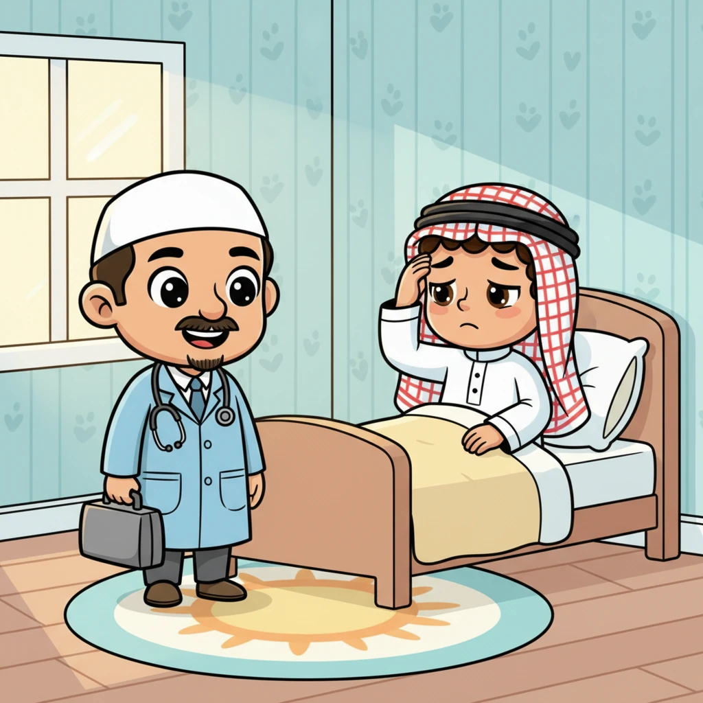 قالَ الطَّبِيبُ حَكيم: السَّلامُ عَلَيْكَ يا سامي، كَيْفَ تَشْعُرُ اليَوْمَ؟ أجابَ سامي: أَشْعُرُ بِصُداعٍ شَدِيدٍ وَإِرْهاقٍ مُسْتَمِرٍّ.