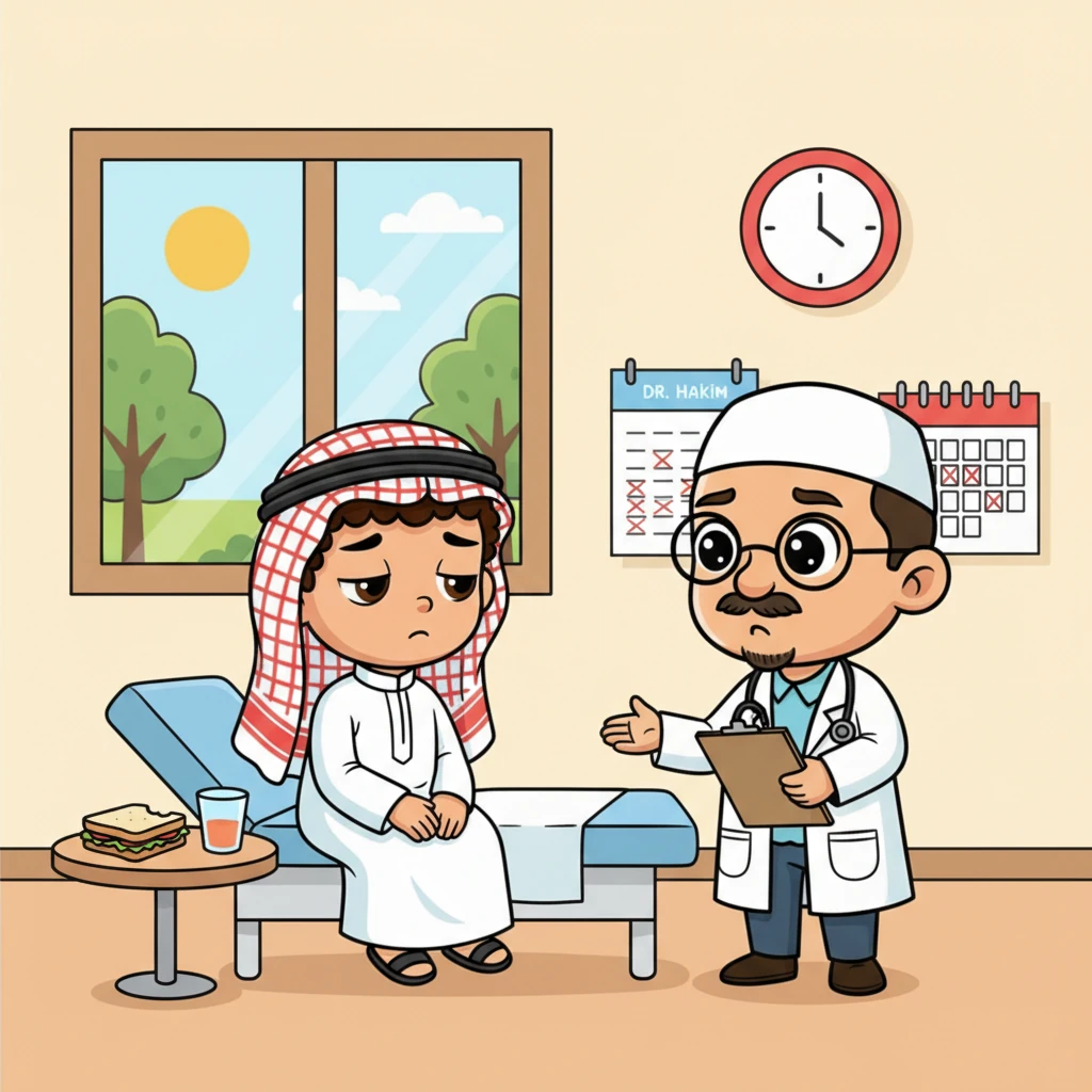 قالَ الطَّبِيبُ: هَلْ تَعَرَّضْتَ لِلْإِجْهادِ أَوْ تَرَكْتَ تَنَاوُلَ الوَجَباتِ؟ قالَ سامي: كُنْتُ أَعْمَلُ طِوَالَ اليَوْمِ، وَلَمْ آكُلْ إِلَّا قَلِيلًا، وَلَمْ أَشْرَبْ مَاءً كَفايَةً.