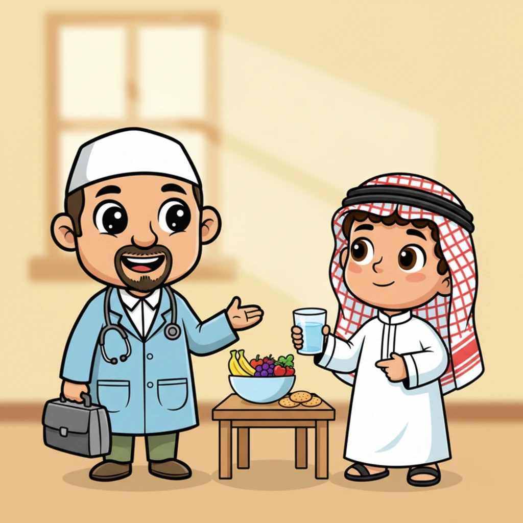 قالَ سامي: وَماذا تَنْصَحُنِي يا دُكْتور؟ قالَ الطَّبِيبُ: اِرْتَحْ اليَوْمَ، وَاشْرَبْ كَمِّيَّةً كافِيَةً مِنَ المَاءِ، وَتَنَاوَلْ وَجْبَةً خَفِيفَةً مُغَذِّيَةً.