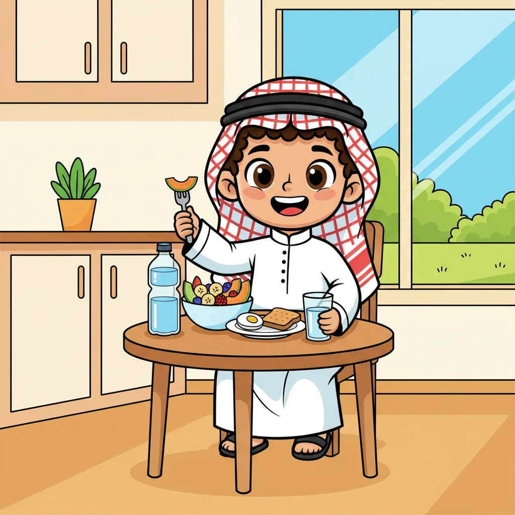 وَفِي اليَوْمِ التَّالِي، اسْتَيْقَظَ سامي نَشِيطًا وَمُلِيئًا بِالطَّاقَةِ. تَناوَلَ فُطُورًا صِحِّيًّا، وَشَرِبَ المَاءَ، وَشَعَرَ بِأَنَّهُ أَفْضَلُ مِن أَيِّ وَقْتٍ مَضَى.