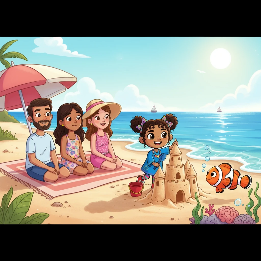 On a sunny day at the beach, Yara, with her bright smile, busily built a magnificent sandcastle, her parents and sister watching with loving eyes. In the sparkling blue water, a curious clownfish named Polisson peeked out, captivated by Yara's joyful energy and wishing he could meet her.