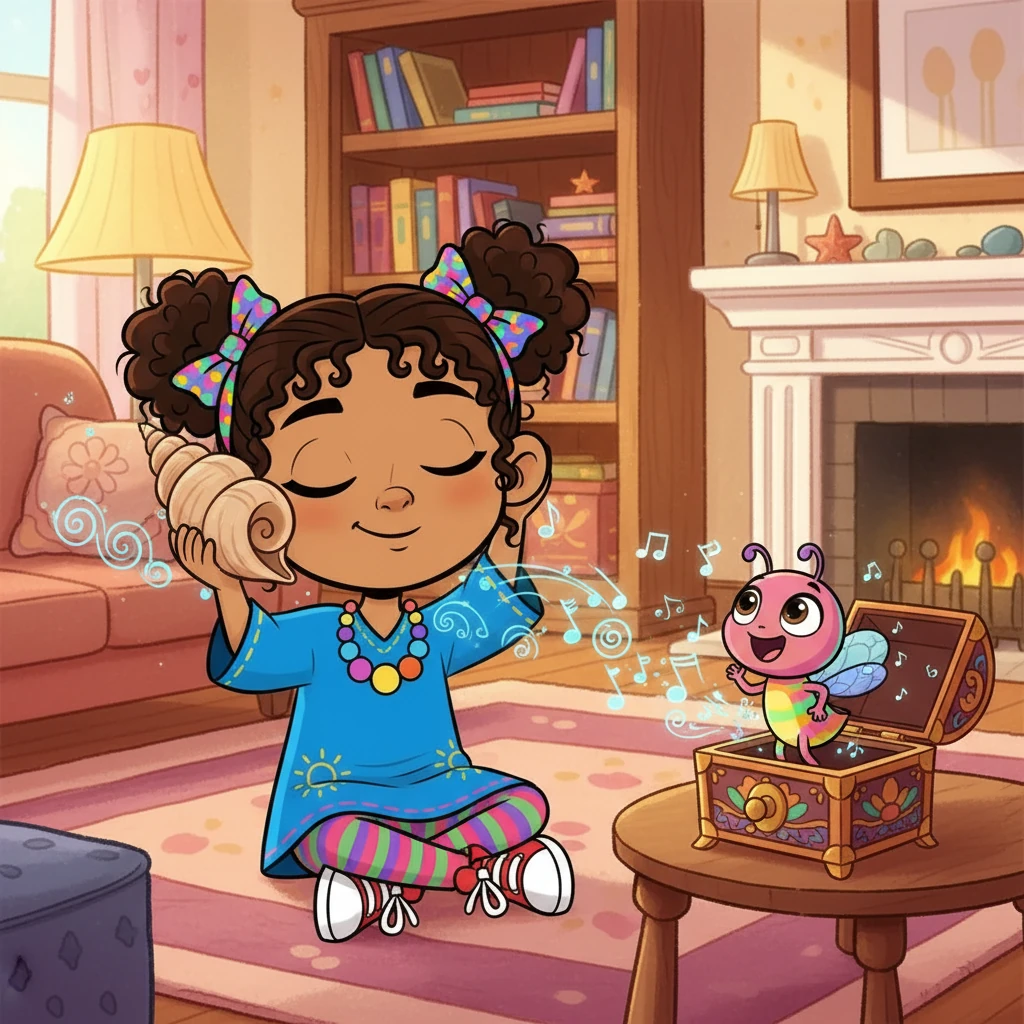 Back home, Yara held the seashell to her ear, remembering her mother's words about hearing the ocean's waves. Inside, Polisson, excited at the prospect of finally speaking to Yara, began to sing a cheerful song, filled with the sounds of the sea.