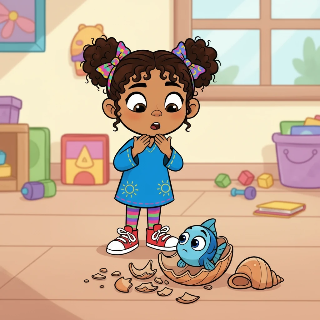 Suddenly, Yara was startled by Polisson's voice and accidentally dropped the seashell, which shattered on the floor. Peeking out from the broken shell, Polisson lay helpless. Yara, her eyes wide with concern, exclaimed, "What a pretty fish!"