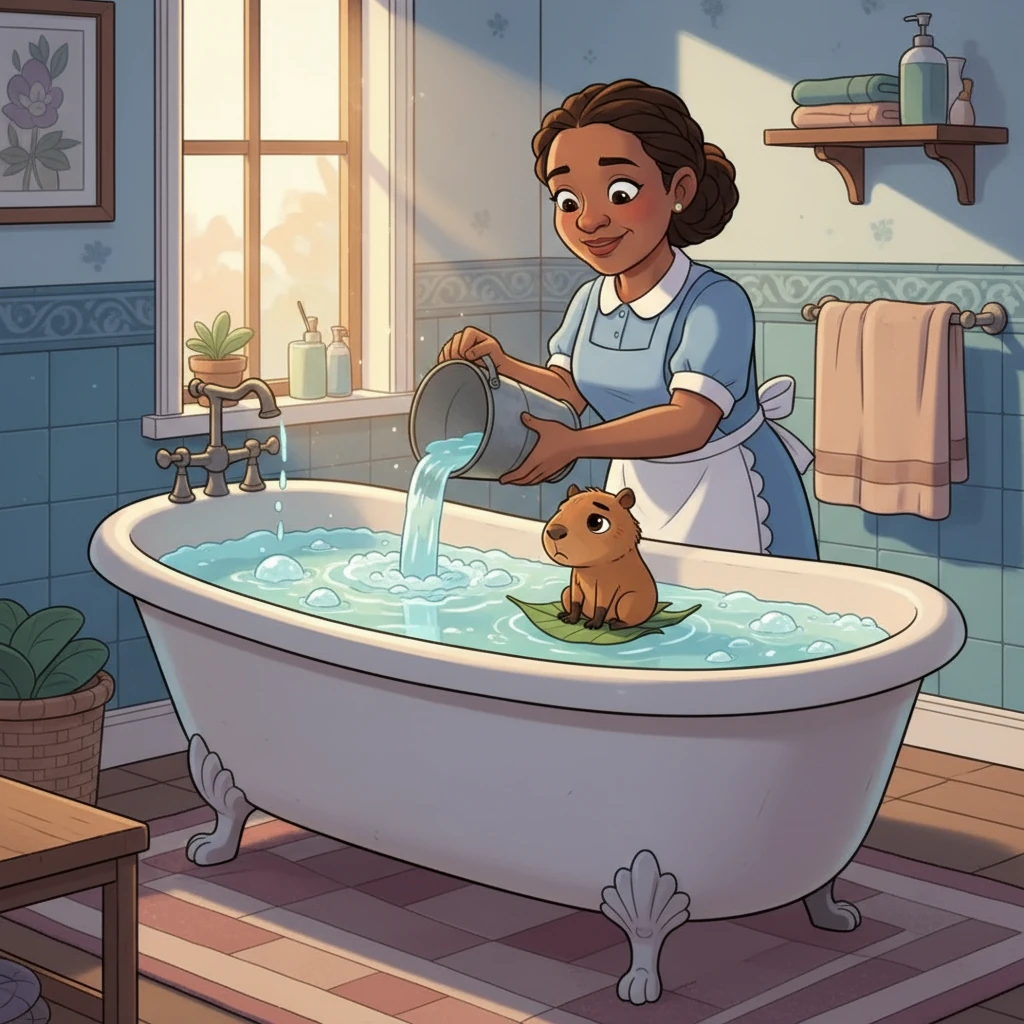 Yara and Mezeret, the housekeeper, quickly filled the bathtub with water to rescue Polisson. But in the vastness of the tub, Polisson felt lonely and sad. Yara, sensing his sadness, realized she needed to find a better solution for her new friend.