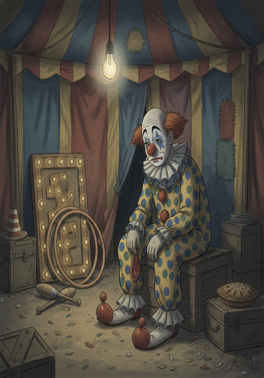 Charlie the clown sat slumped backstage, his usual bright red nose and painted smile now dull. The colorful circus tent felt gloomy, reflecting his own heavy heart. He couldn't remember the last time he truly laughed or felt the spark of joy.