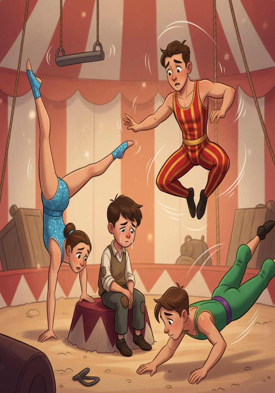 The acrobats, noticing Charlie's sadness, gathered around him. They tumbled and twirled, performing their most daring feats, hoping to lift his spirits. But Charlie's face remained etched with a profound sorrow, and the acrobats were concerned.