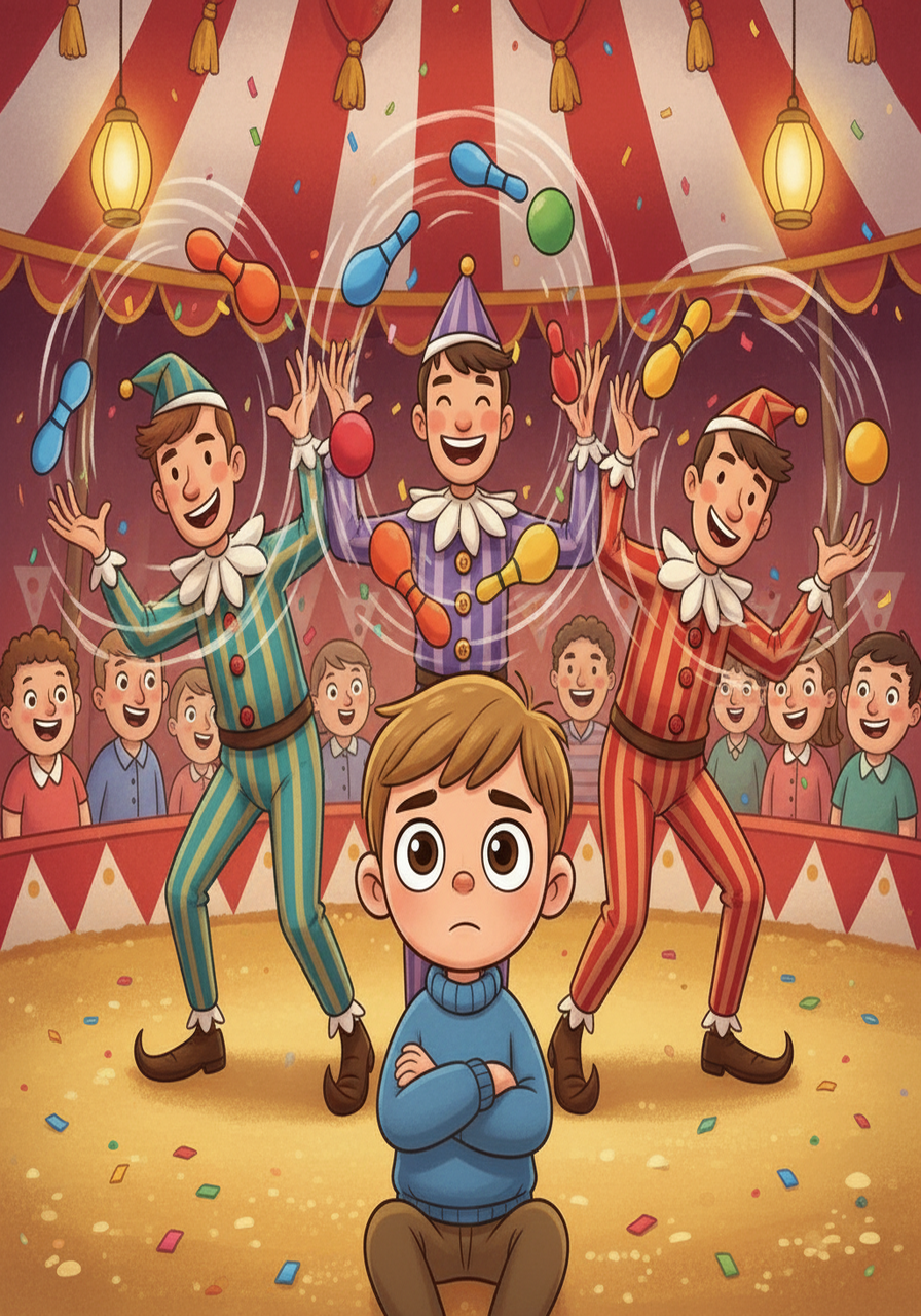 Next, the jugglers stepped forward, their hands a blur of colorful balls and pins. They tossed and caught, showcasing their impressive skills, but Charlie barely blinked. The juggling act, usually so amusing, brought no smile to his face.