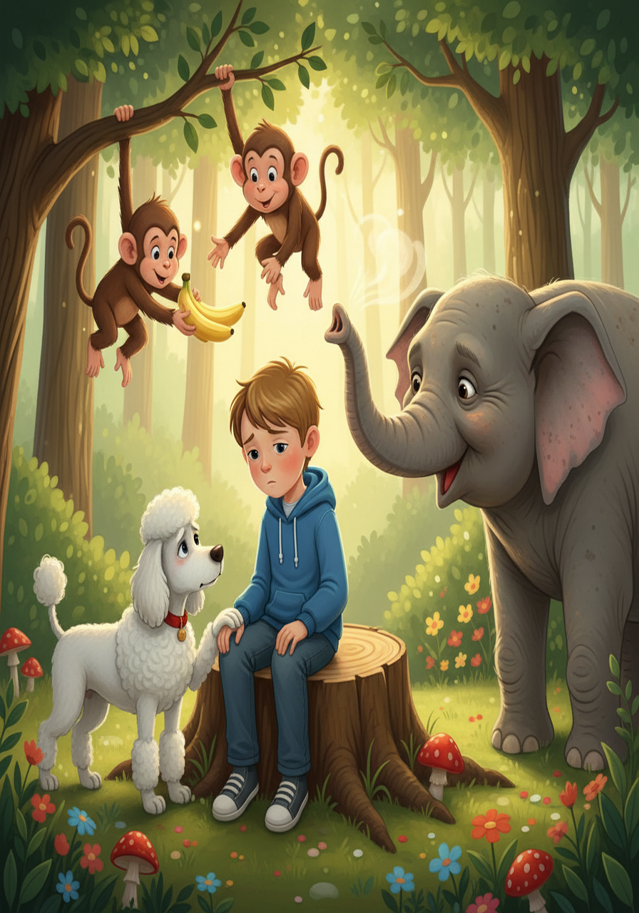 The animals, Charlie's closest companions, sensed his melancholy. The playful monkeys offered him bananas, the wise old elephant trumpeted a gentle greeting, and the fluffy poodle nudged his hand. He appreciated their affection.