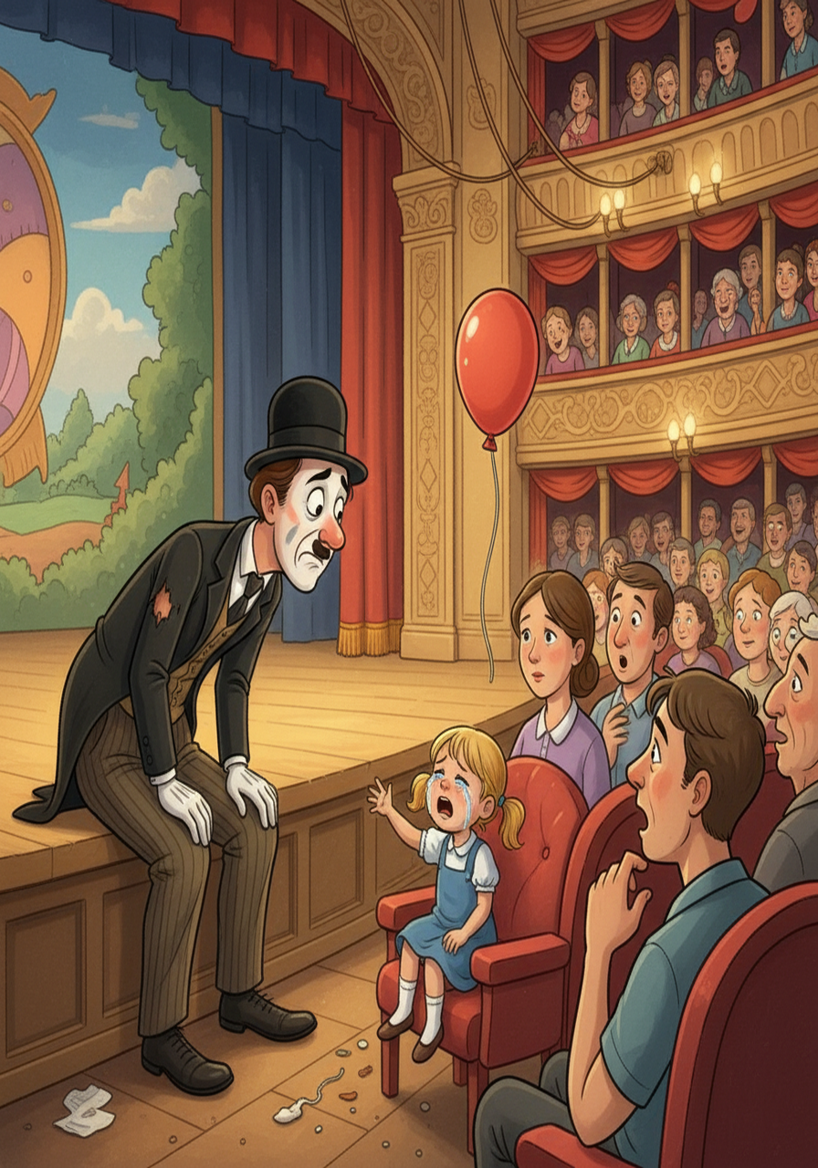 Suddenly, during a performance, a little girl in the audience began to cry because she had lost her balloon. Seeing her sadness, Charlie forgot his own troubles and impulsively rushed to comfort her, making a funny face.