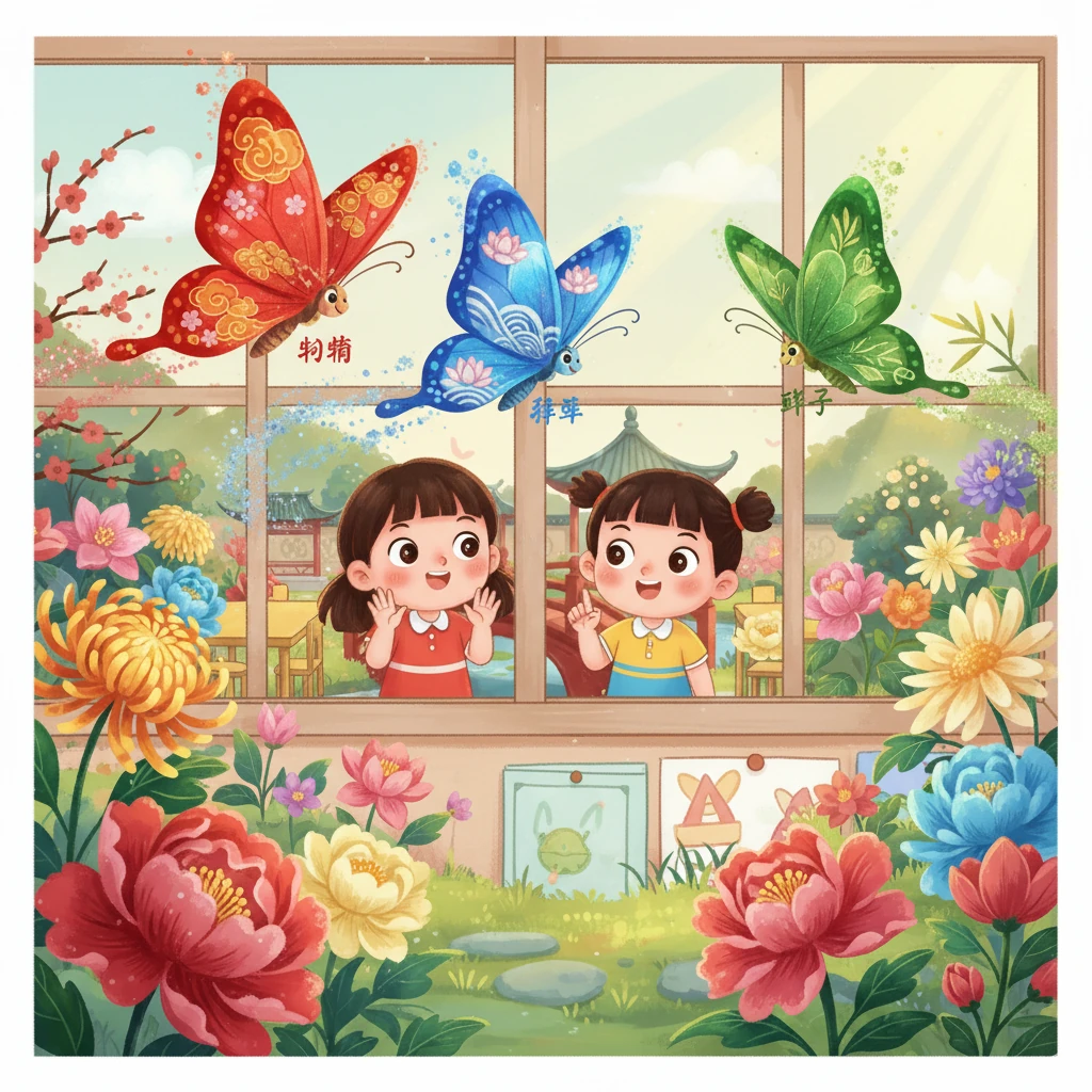 孩子们在幼儿园的窗户里看到了这三只蝴蝶，他们的眼睛里充满了好奇和惊喜。彤彤，菲菲和叶子在空中翩翩起舞，像是给孩子们送去问候。