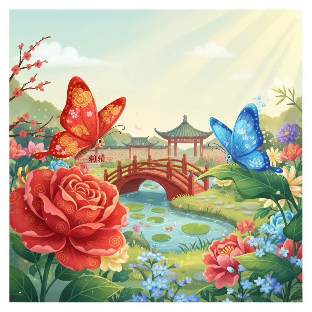 花园里盛开着各种各样的花朵，红色的玫瑰，蓝色的勿忘我，绿色的叶子。彤彤飞到红玫瑰上，菲菲落在蓝色的勿忘我上，叶子则停留在绿叶上，一起享受着阳光。