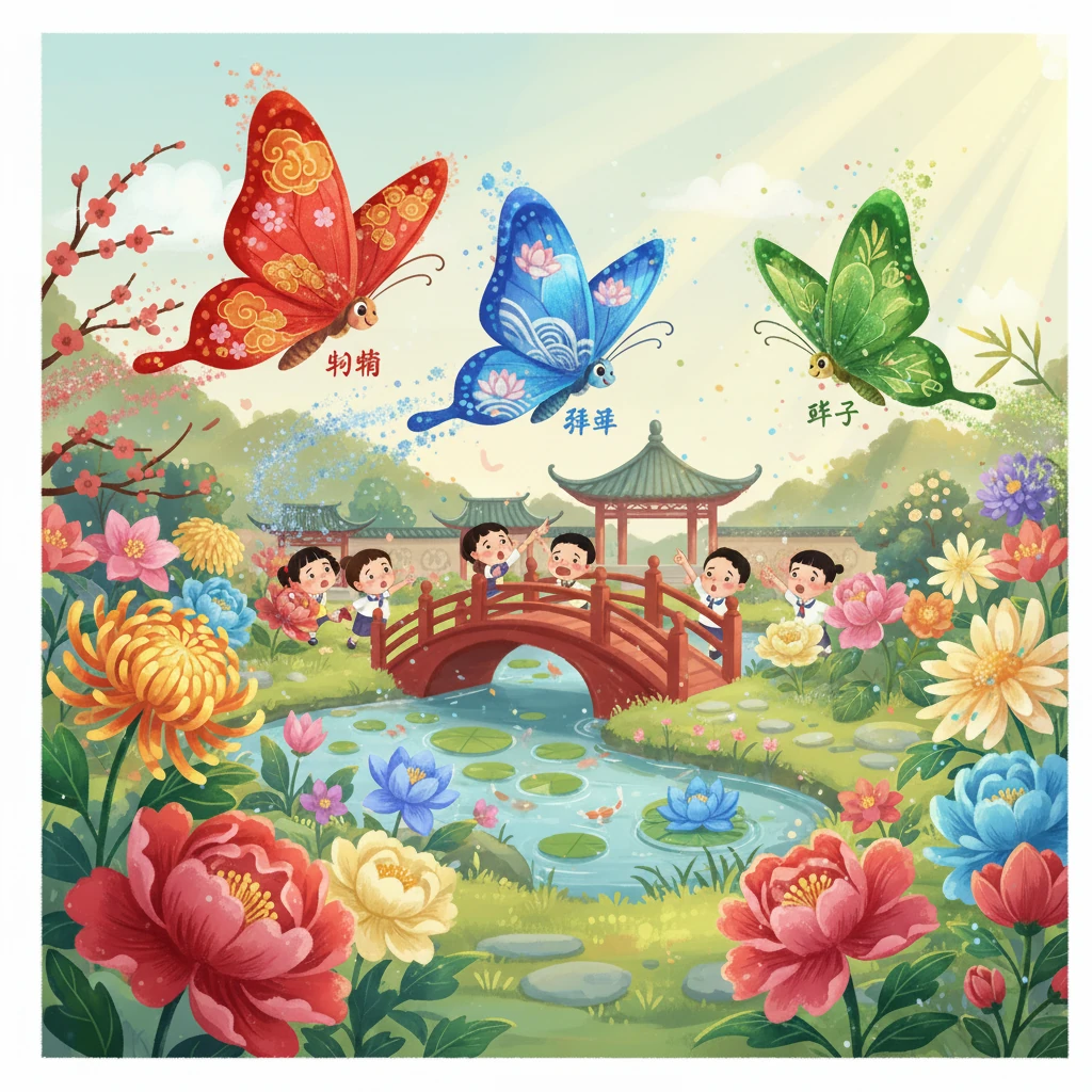 突然，一阵风吹来，彤彤、菲菲和叶子的翅膀被风吹散了。它们紧紧抓住附近的叶子和花朵，努力保持平衡。 幼儿园的孩子们看到了这一幕，都在为他们担心。