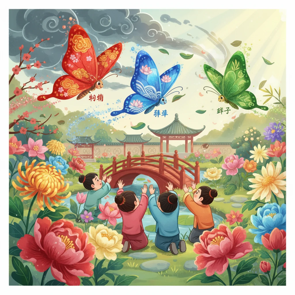 彤彤、菲菲和叶子团结在一起，相互鼓励，一起抵抗着风。孩子们为它们加油，祈祷着风快点停下来。 终于，风停了，它们可以继续在花园里玩耍。