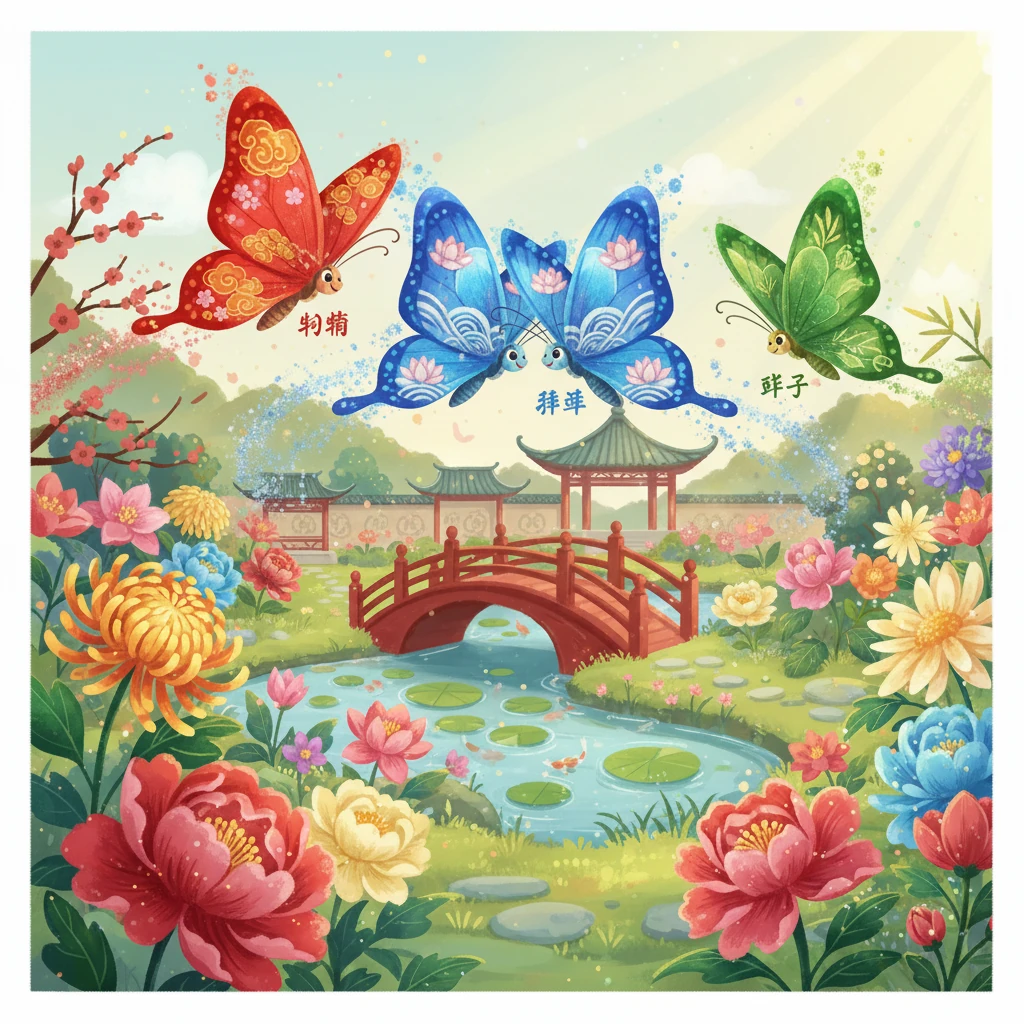 阳光洒在花园里，彤彤，菲菲和叶子一起快乐地飞舞，感谢着孩子们给予的鼓励。它们相互依偎，象征着友谊，一起度过了一个美好的下午。