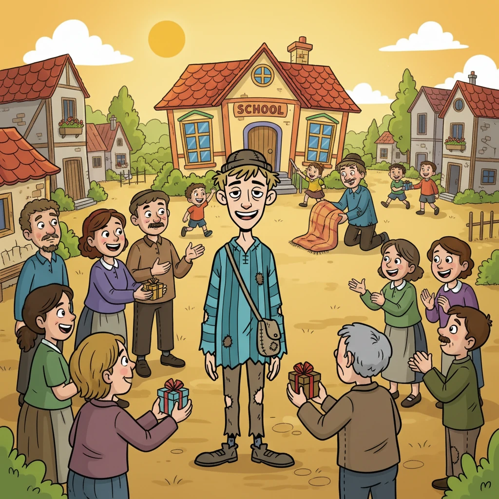 Émile, avec un sourire, se présenta et partagea sa richesse avec ceux qui l'avaient autrefois rabaissé. Il construisit une école et aida les plus démunis, transformant le village et gagnant le respect de tous.