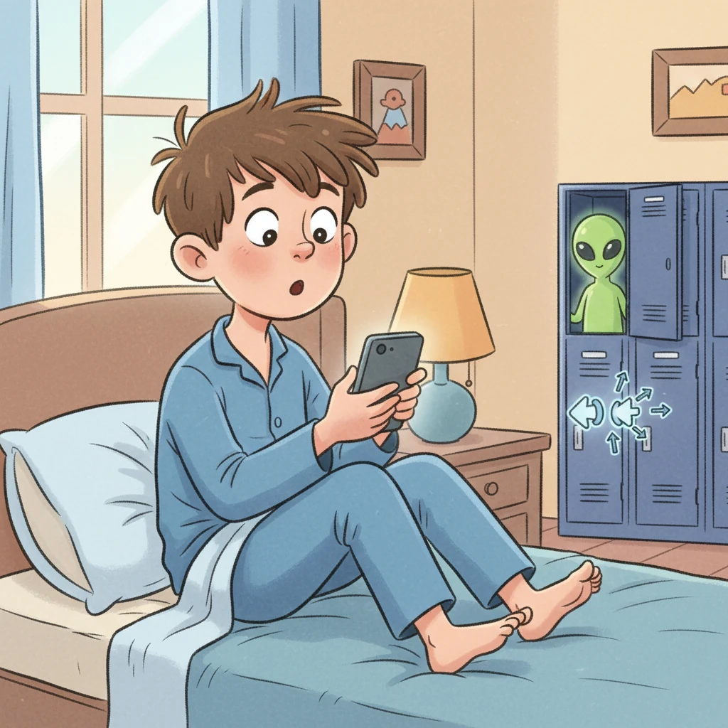 Одного ранку Петрик прокинувся, взяв телефон і завмер, побачивши новину про прибульця у шкільній шафі. Здивований і заінтригований, він миттєво переслав це посилання всім своїм однокласникам. На екрані телефону світився зелений “прибулець” у шкільній шафі.